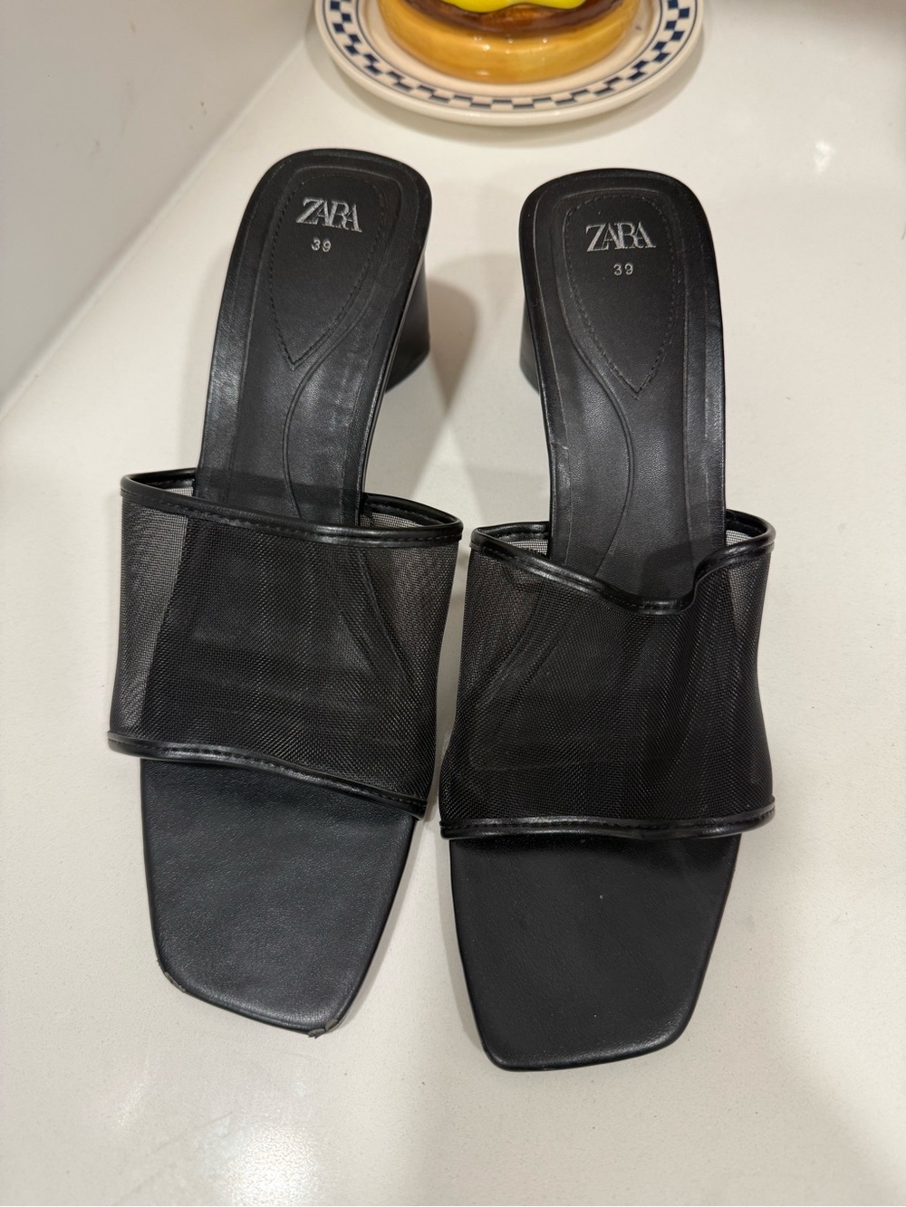 ZARA Black Mesh Slide Mules with Block Heel Size 39/ US 8